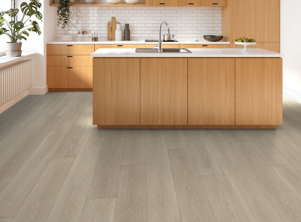 Shaw Floorte Dwell: Gossamer Grey Luxury Enhanced Vinyl Plank with Attached Pad 3080V 05233 Room Scene