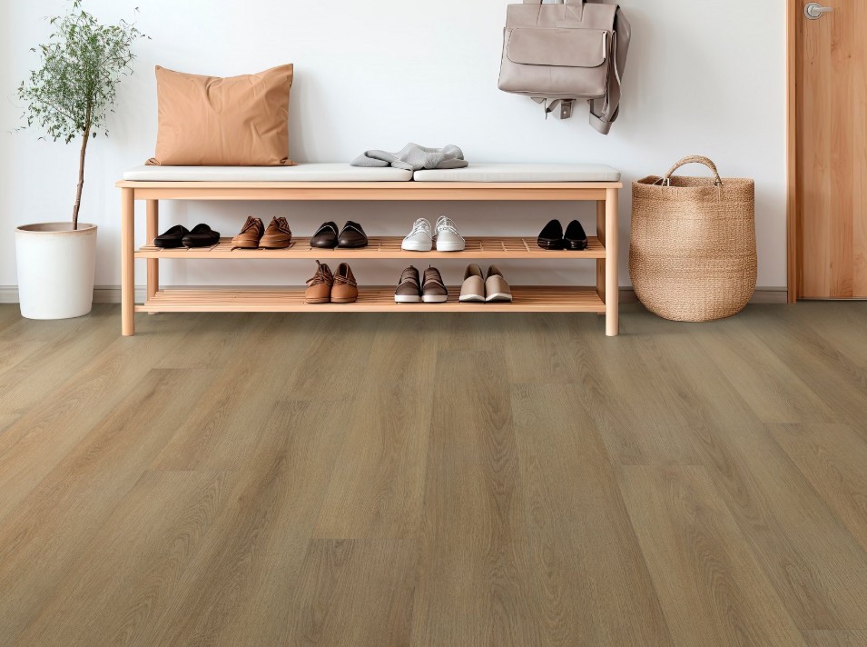 Shaw Floorte Dwell: Homespun Brown Luxury Enhanced Vinyl Plank with Attached Pad 3080V 07326 Room Scene