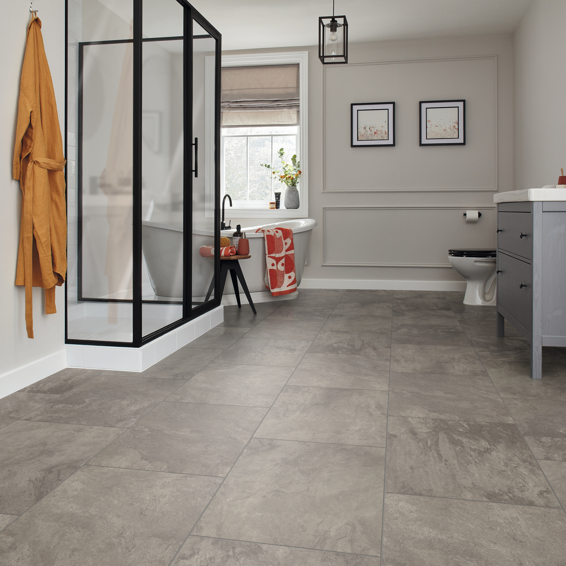 Karndean Korlok Stone: Australian Slate Coastal Fog Waterproof Luxury Vinyl Plank RKT3004-G Room Scene