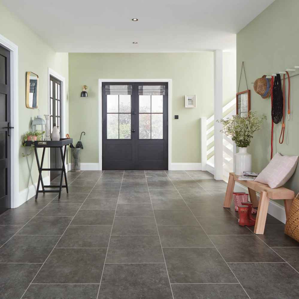 Karndean Korlok Stone: Antique French Cotta Oxford Grey Waterproof Luxury Vinyl Plank RKT3008-G Room Scene