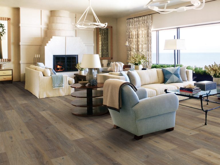 Paramount RigidCORE Cornerstone: Plymouth Brown 7" x 48" Waterproof Rigid Luxury Vinyl Plank with attached pad RC309 Room Scene