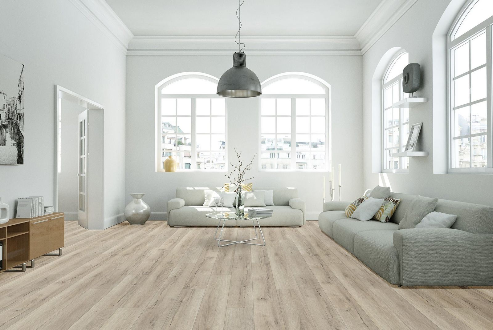 Happy Feet Stone Elegance II: Platinum Oak 7" x 48" Luxury Vinyl Plank HF460 Room Scene