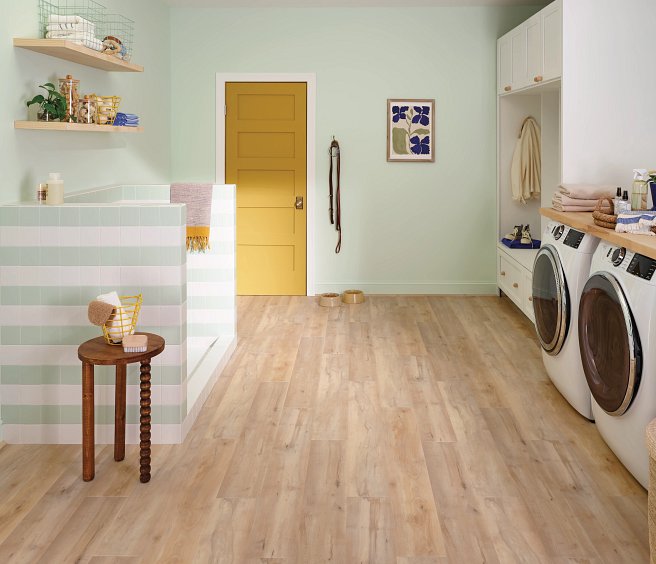 USFloors Coretec Plus Pro Premium Integrated Bevel: Brookfield Maple Engineered Luxury Vinyl Plank with Cork Comfort VV800-04039 Room Scene