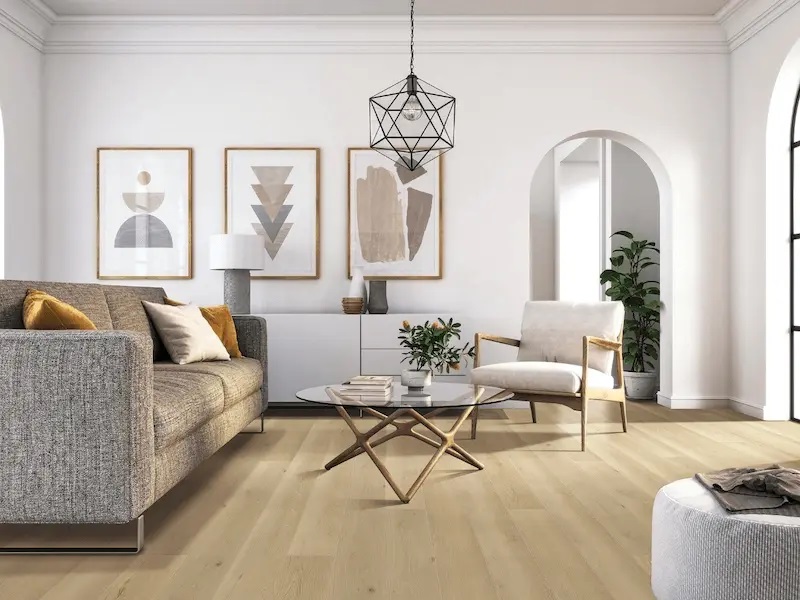 Paramount RigidCORE Keystone: Boothbay Beige 7" x 48" Waterproof Rigid Luxury Vinyl Plank with attached pad RC130 Room Scene