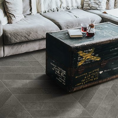 Soho Studio Ages: Fossil 4" x 21" Chevron Matte Porcelain Tile TLMGAGFS4X21 Room Scene