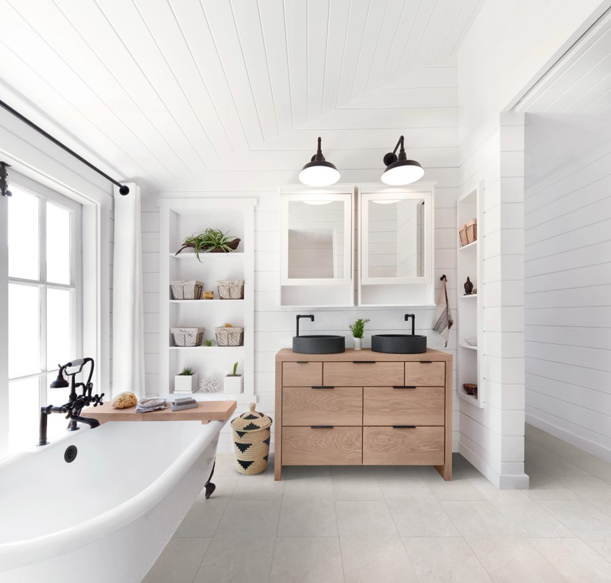 USFloors Coretec Tile: Serena Limestone Engineered Luxury Vinyl Tile with Cork Comfort VV870-12251 Room Scene