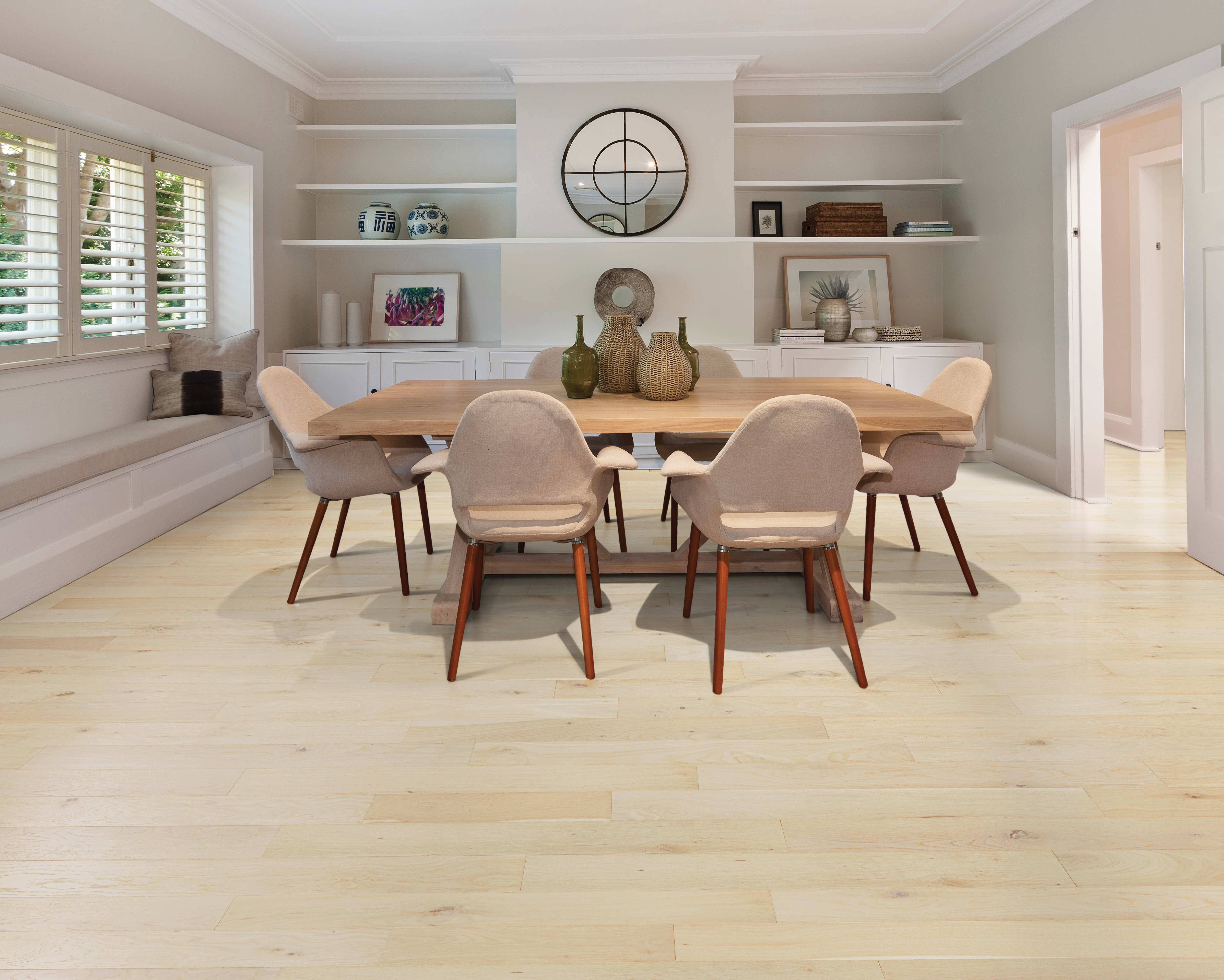 Mohawk TecWood Caspian Cliffs: Smoked Oyster Oak 3/8" x 5" Engineered Hardwood WEK56-727 Room Scene
