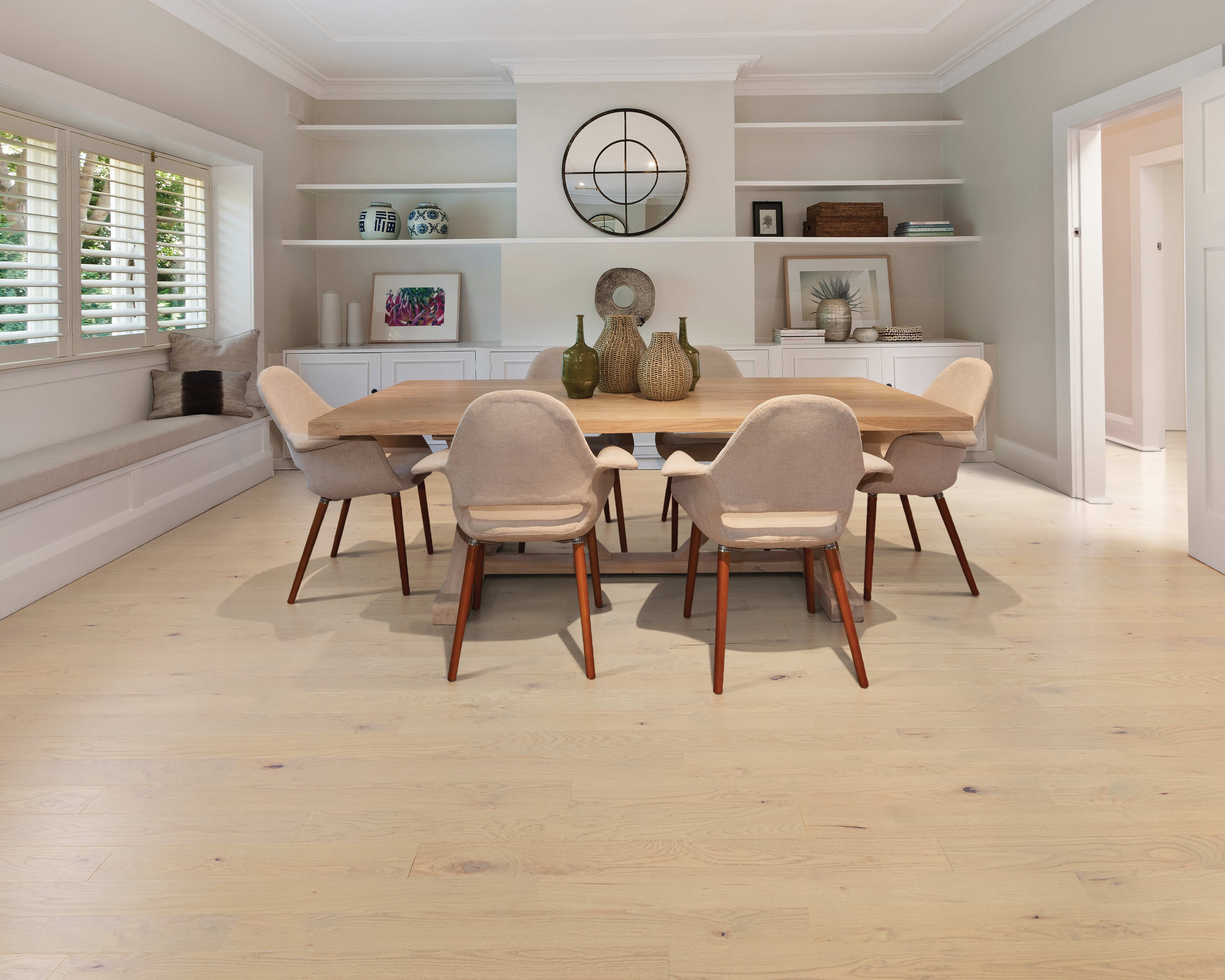 Mohawk TecWood Caspian Cliffs: Whitewater Oak 3/8" x 5" Engineered Hardwood WEK56-711 Room Scene