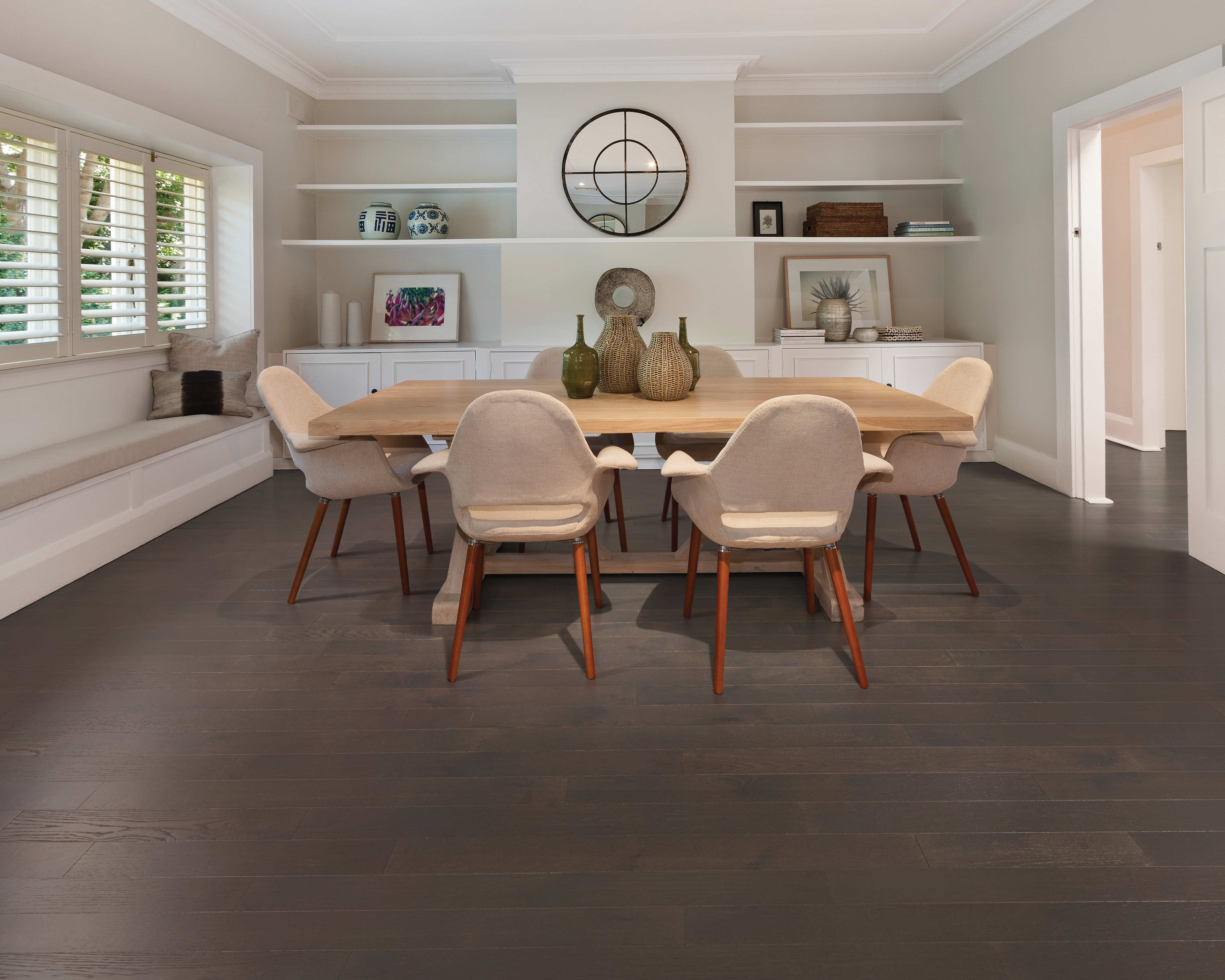 Mohawk TecWood Caspian Cliffs: Weathered Dock Oak 3/8" x 5" Engineered Hardwood WEK56-989 Room Scene