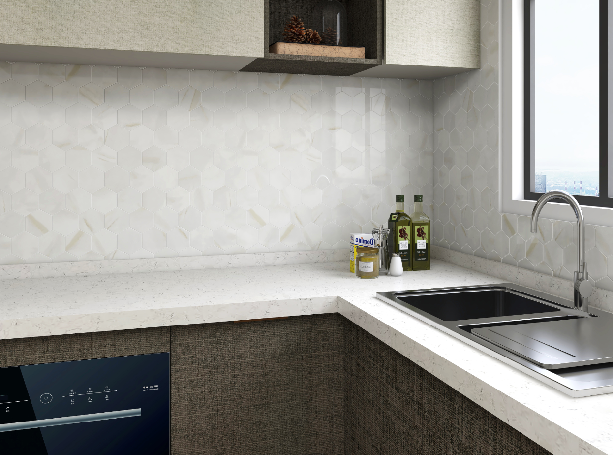 Glass Tile & Stone Artistic Recycled Glass Marble Series: 4" Hexagon Calcutta Gold RGAL22174 Room Scene