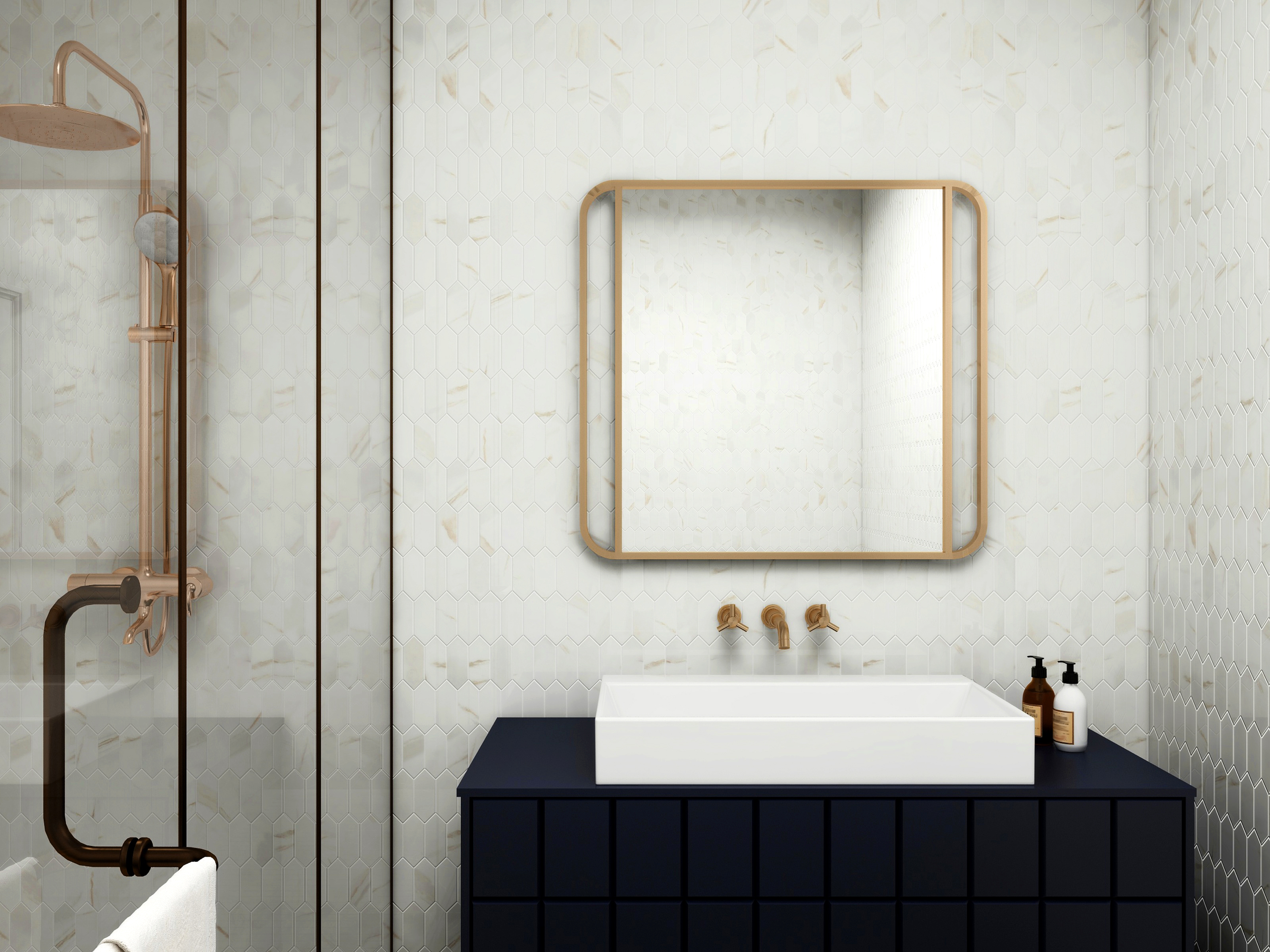 Glass Tile & Stone Artistic Recycled Glass Marble Series: Pickets Calcutta Gold RGAL22175 Room Scene