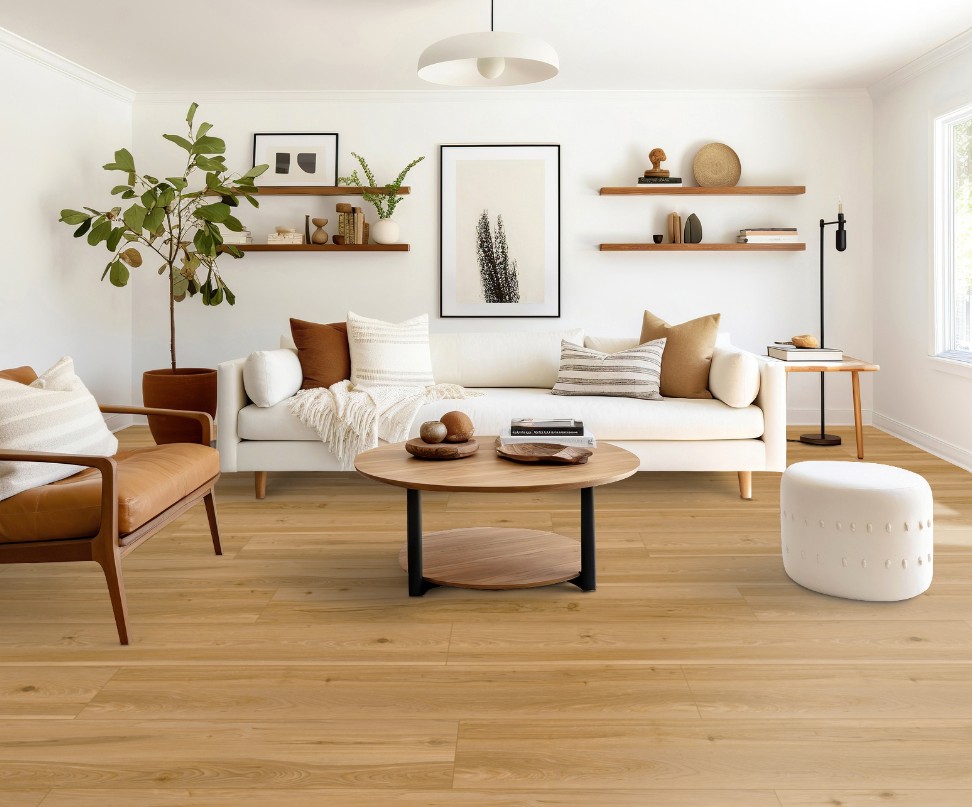 Stanton Nuvo Max 8: Beach House Natural 12mm Laminate with Attached Pad 64001 Room Scene