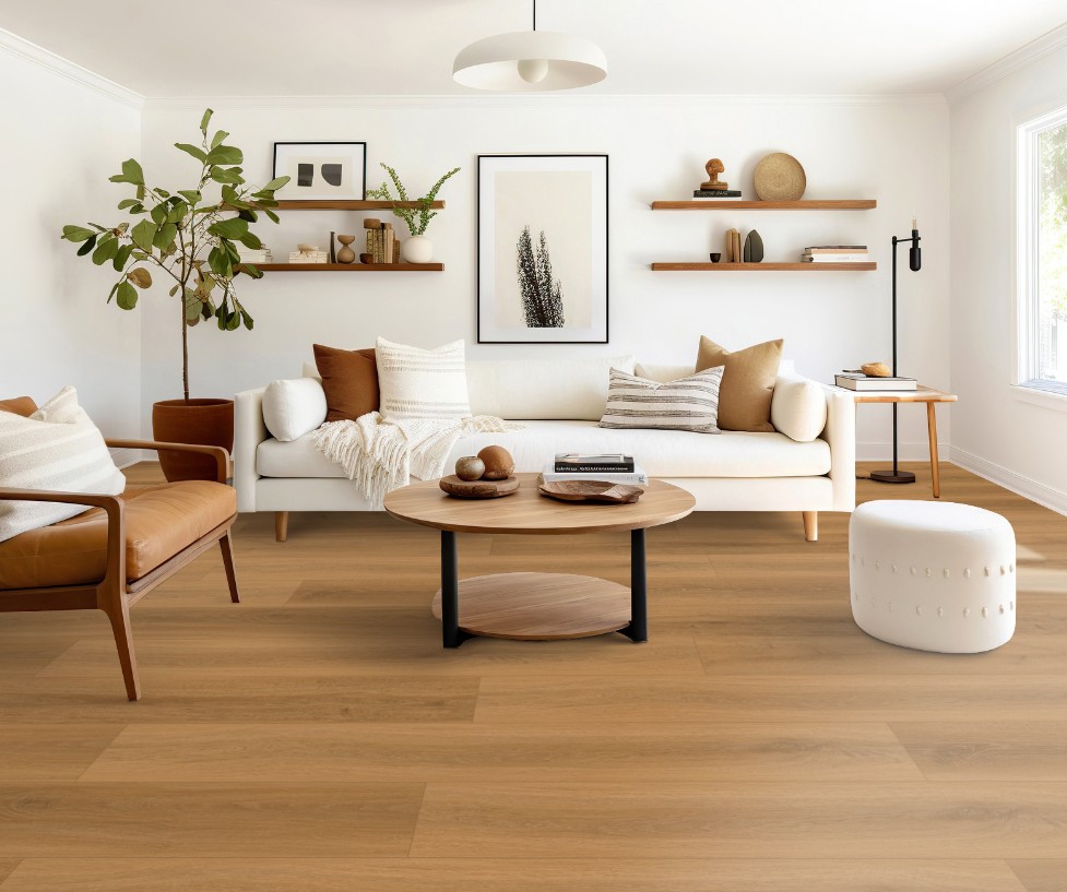 Stanton Nuvo Max 8: Adirondacks Golden Oaks 12mm Laminate with Attached Pad 15941 Room Scene