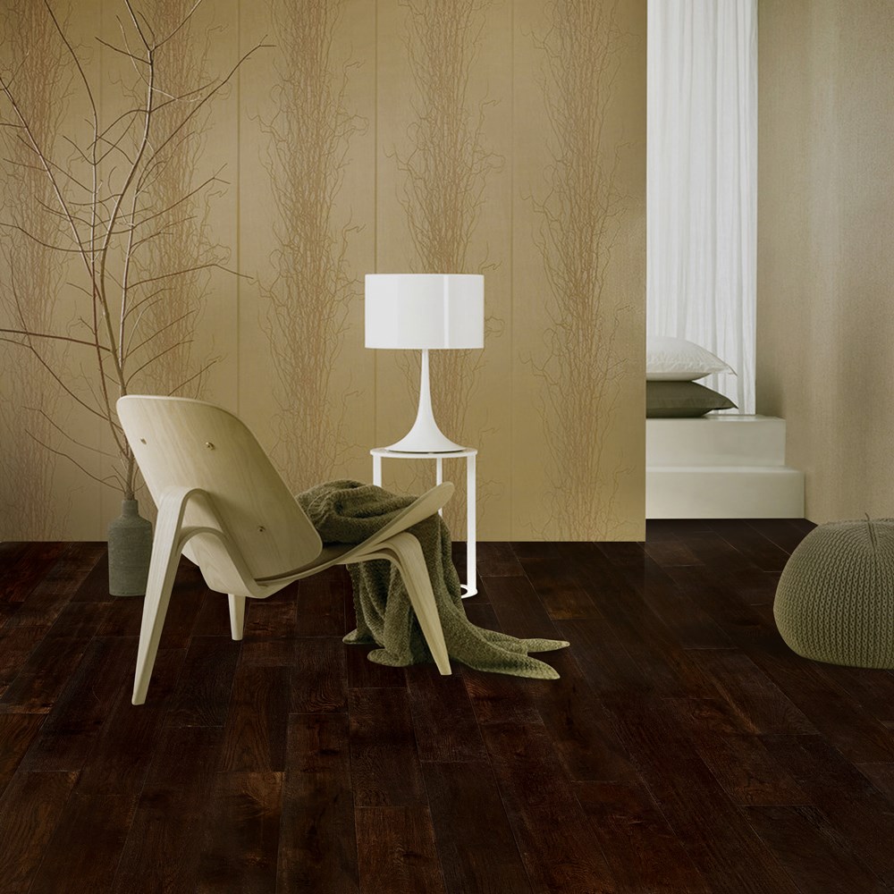 Casabella Hardwood Handscraped Oak: Cocoa 3/4" x 4-3/4" Solid Hardwood 10CAHL Room Scene