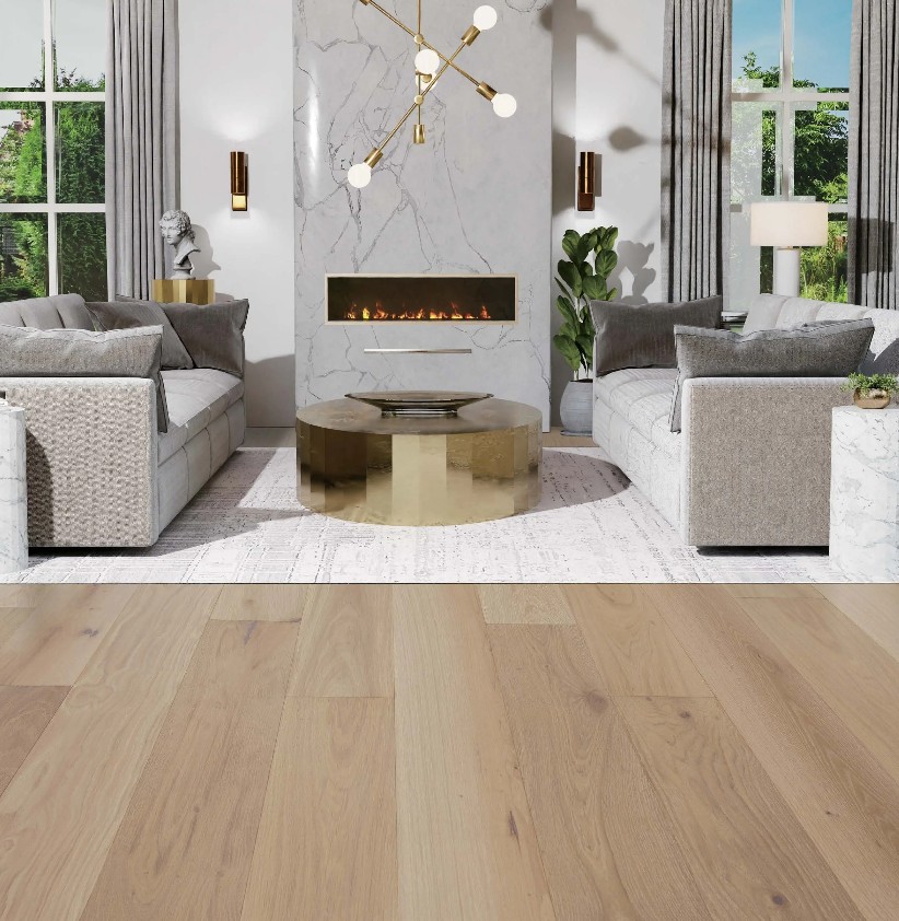 Arbor Ranch Newport Plank: Pure Sand 5/8" x 7.5" Engineered White Oak Hardwood NP537OPS Room Scene