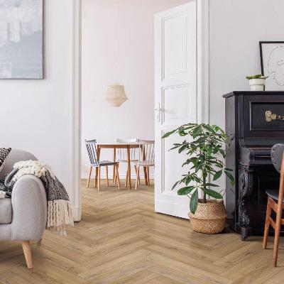 Paramount RigidCORE Herringbone: Dry Seed 6" x 29" Waterproof Rigid Luxury Vinyl Plank with attached pad RC-704 Room Scene