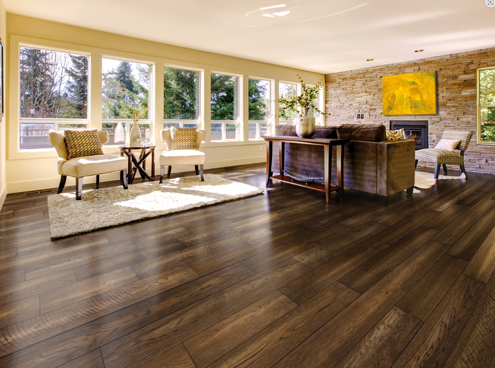 Paramount Flooring Barnwood: Rustic Beam 3/4" x 5" Solid Hickory Hardwood H0734 Room Scene