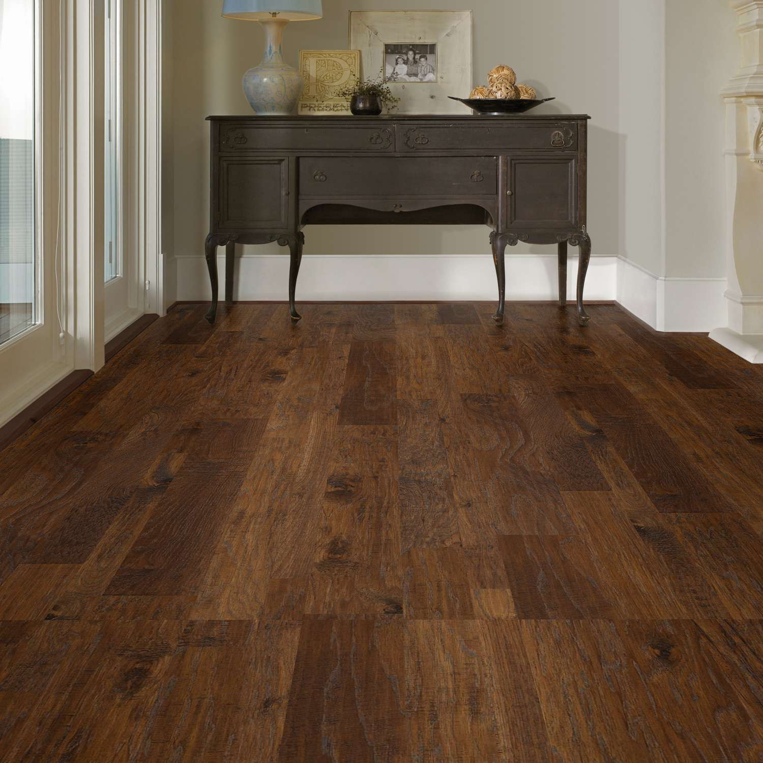 Shaw Epic Plus Sequoia Hickory Mixed Width: Canyon 3/8" x 3 1/4", 5, 6 3/8" Engineered Hickory Hardwood SW546 7002 Room Scene