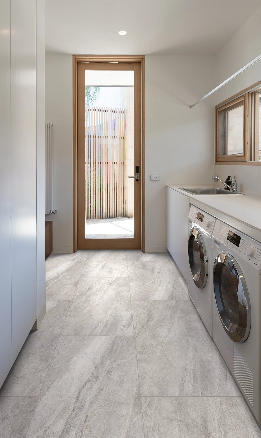 USFloors Coretec Tile: Graphite Travertine Engineered Luxury Vinyl Tile with Cork Comfort CRT01-07047 Room Scene