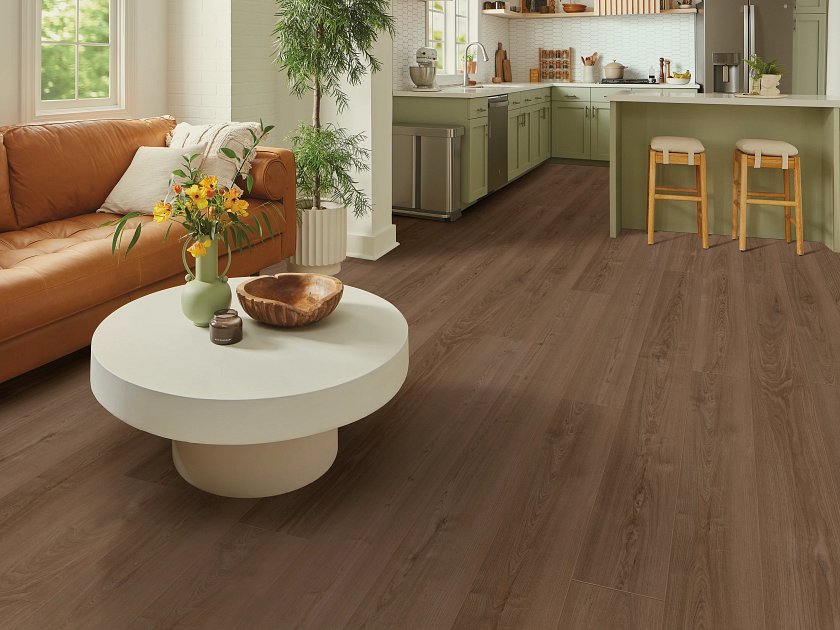 Shaw Floorte Titan HD Plus Platinum: Aged Saddle Luxury Enhanced Vinyl Plank with Attached Pad 3302V 07379 Room Scene