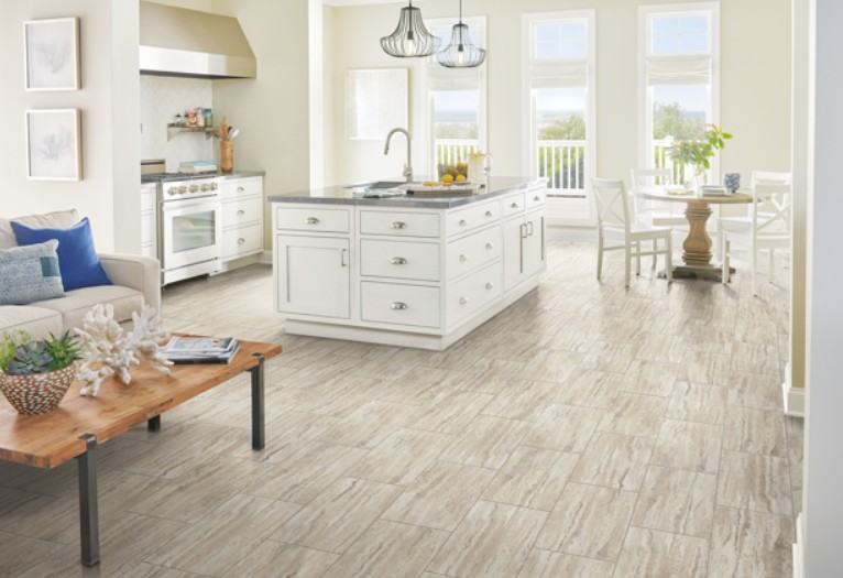 Armstrong Alterna Kalla Travertine: Cream Buff Luxury Vinyl Tile D7133 Room Scene