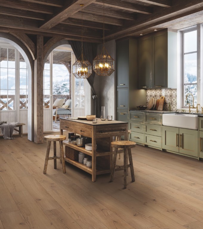 Happy Feet Laminate Arrival 10: Legacy Oak 7" x 48" Water Resistance Laminate with Attached Pad LM1010 Room Scene