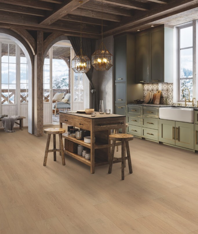 Happy Feet Laminate Arrival 10: Alpine Oak 7" x 48" Water Resistance Laminate with Attached Pad LM1013 Room Scene
